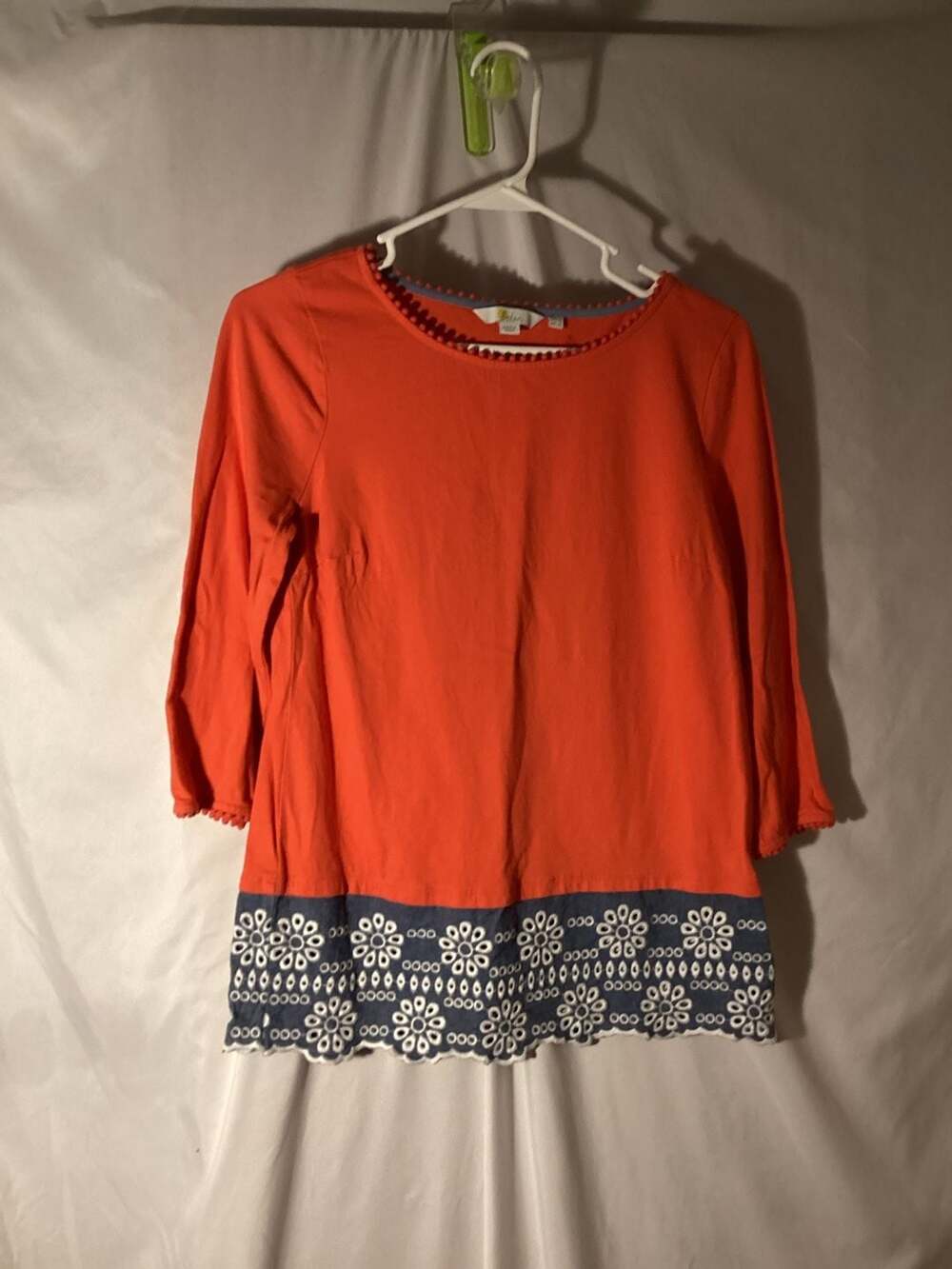 Boden Orange Cotton Tunic with Pom-Pom Trim and Embroidered Denim Hem